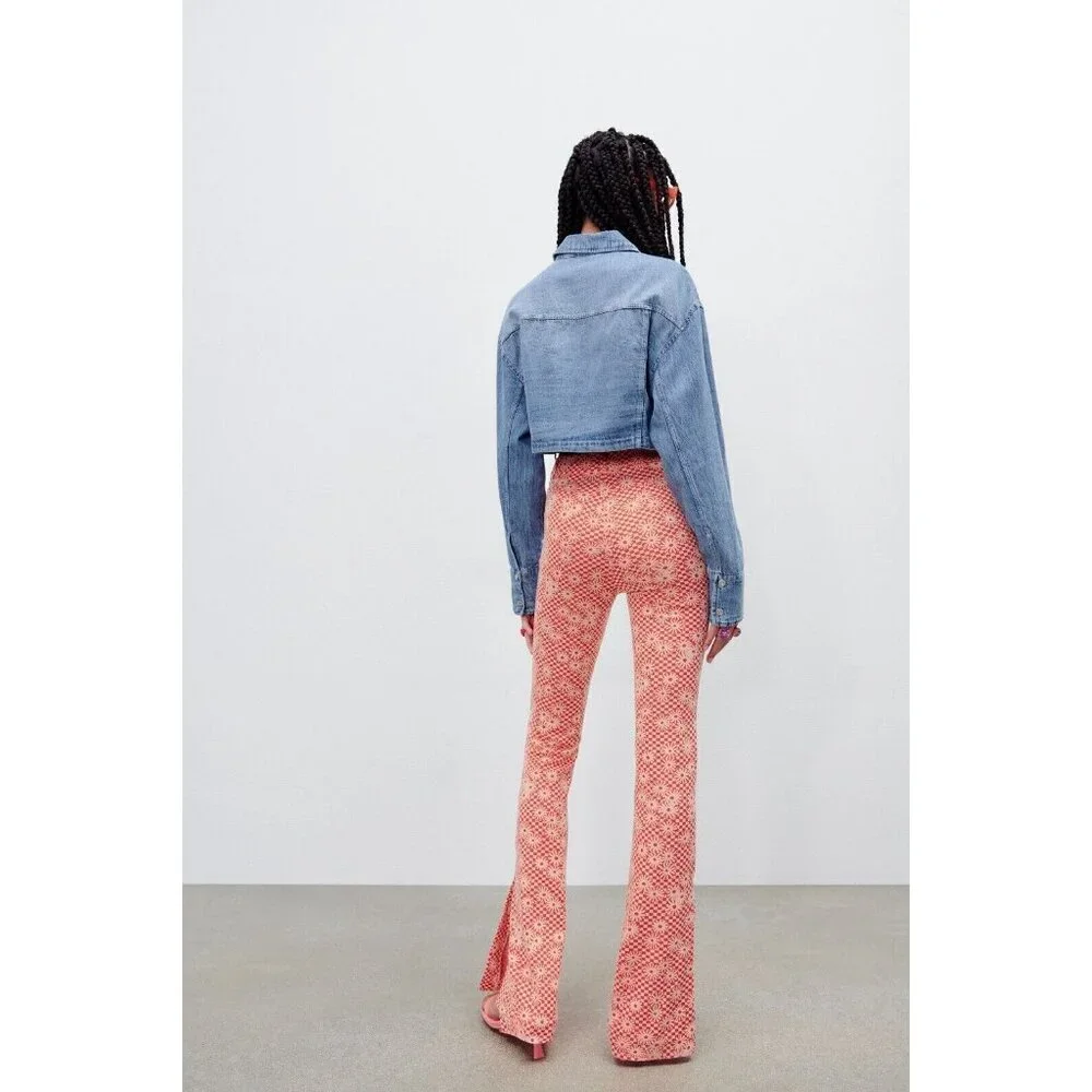 NEW ZARA Orange Daisy Print Flare Bottom Pants Size S Boho Hippie 70s Peace - Picture 6 of 7